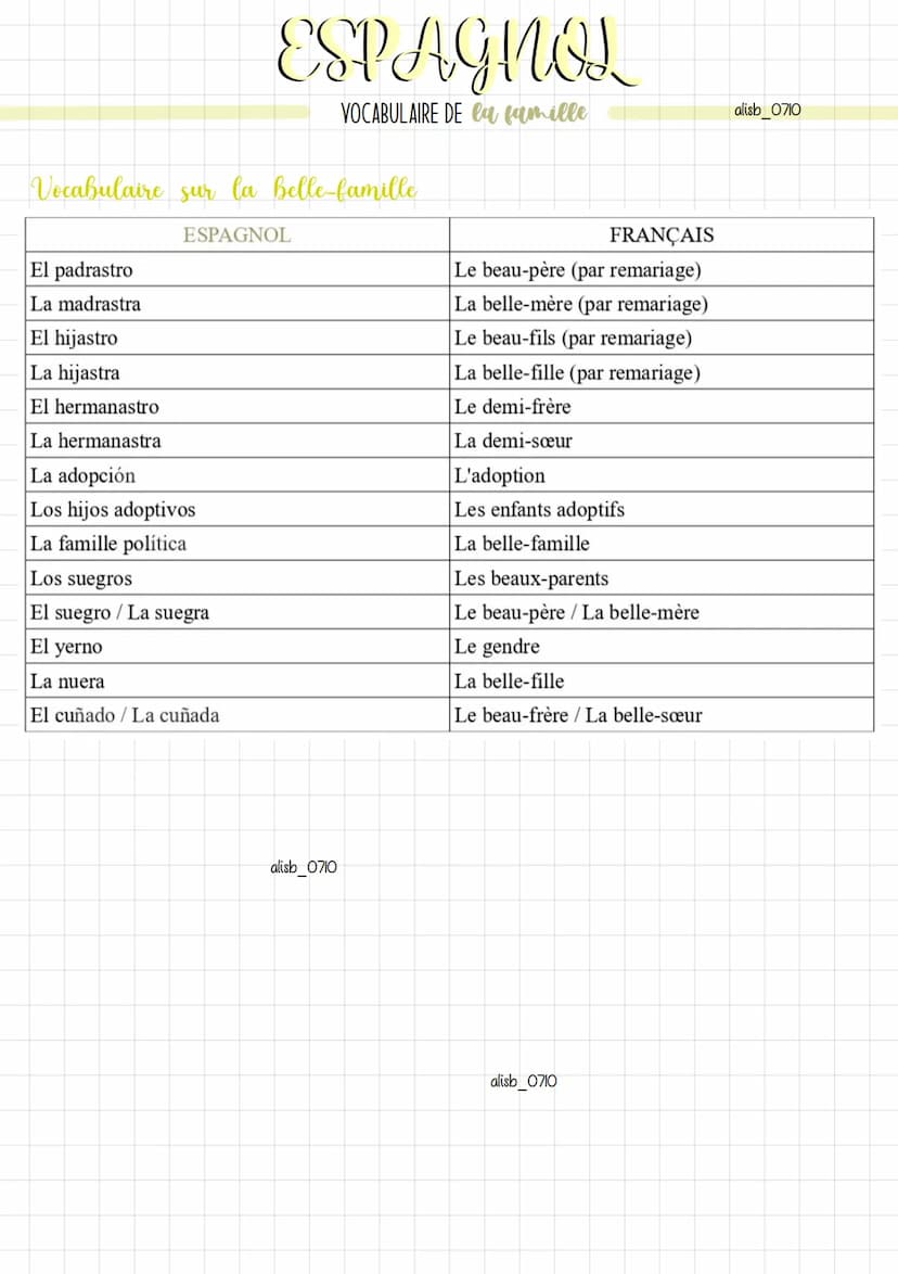Vocabulaire général
La familia
Familiares y parientes
La genealogía
Los parientes
El parentesco
Un matrimonio
ESPAGNOL
ESPAGNOL
VOCABULAIRE 