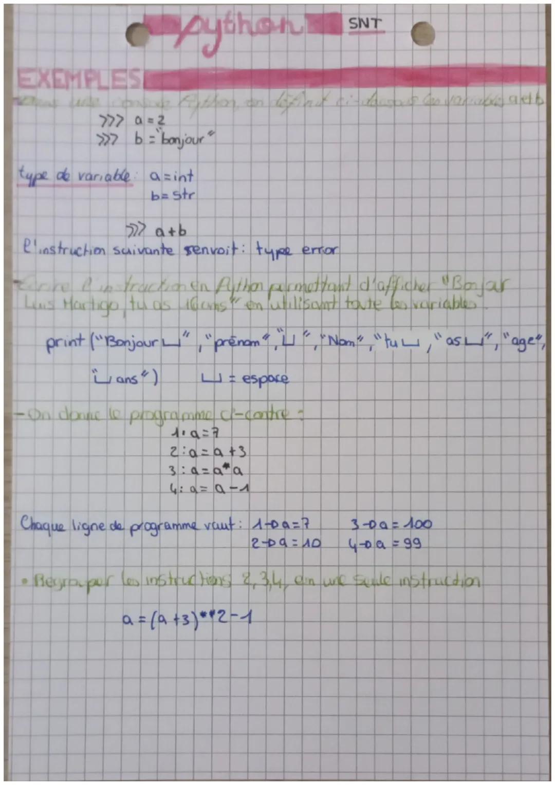 • Python S
SNT
NOTION DE VARIABLE
= on
-associer un nom à une valeur qu'on peut modifier au cours du temps
affecte une valeur à une variable