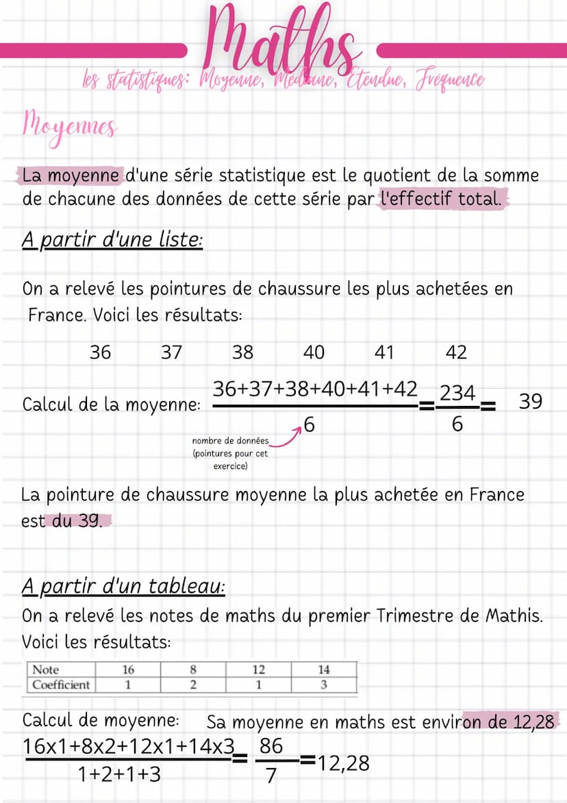 Maths
les statistiques: Moyenne, Medicine, Ctendue, Frequence
Moyennes
La moyenne d'une série statistique est le quotient de la somme
de cha