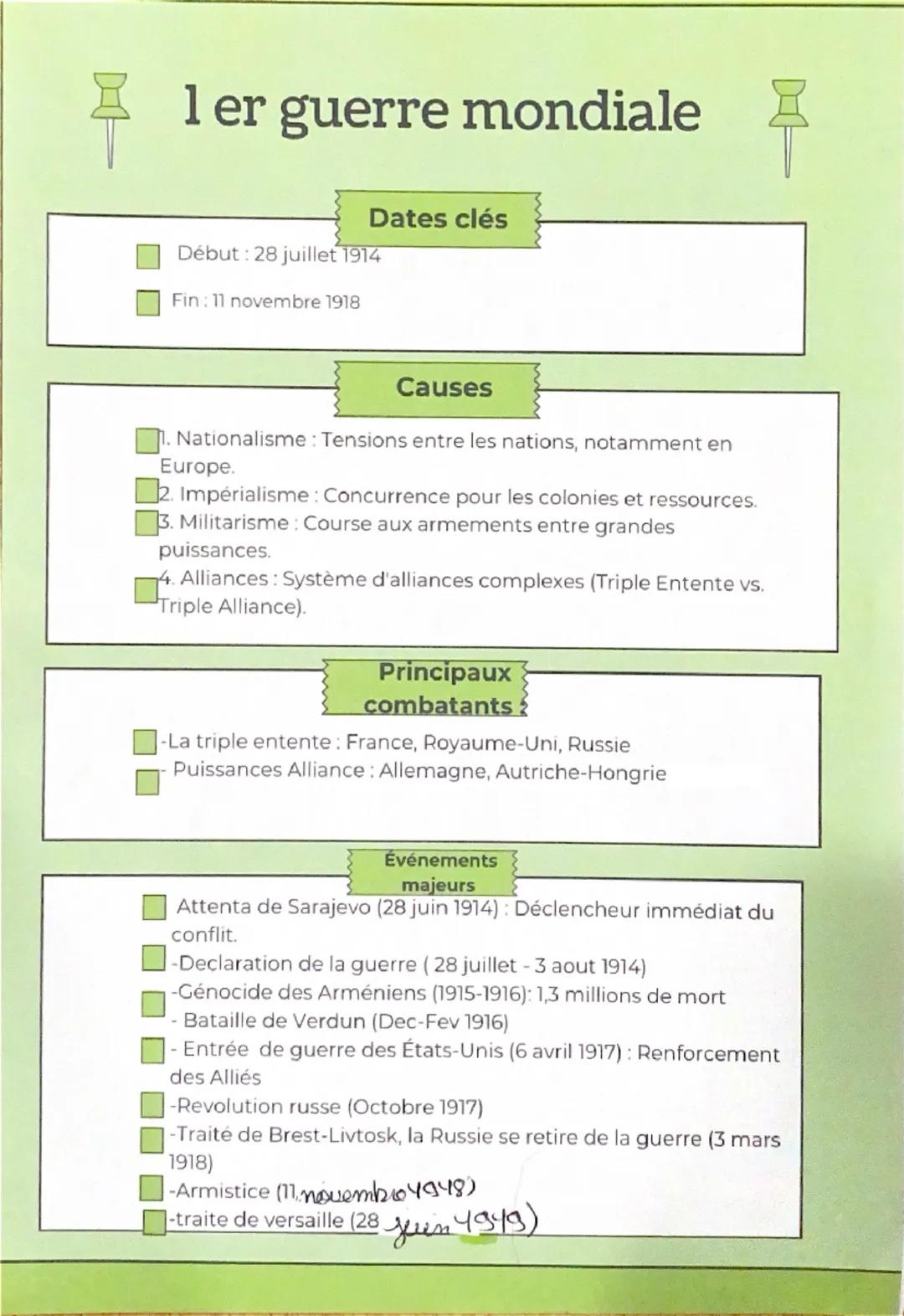 1 er guerre mondiale
Dates clés
Début : 28 juillet 1914
Fin: 11 novembre 1918
Causes
. Nationalisme: Tensions entre les nations, notamment e