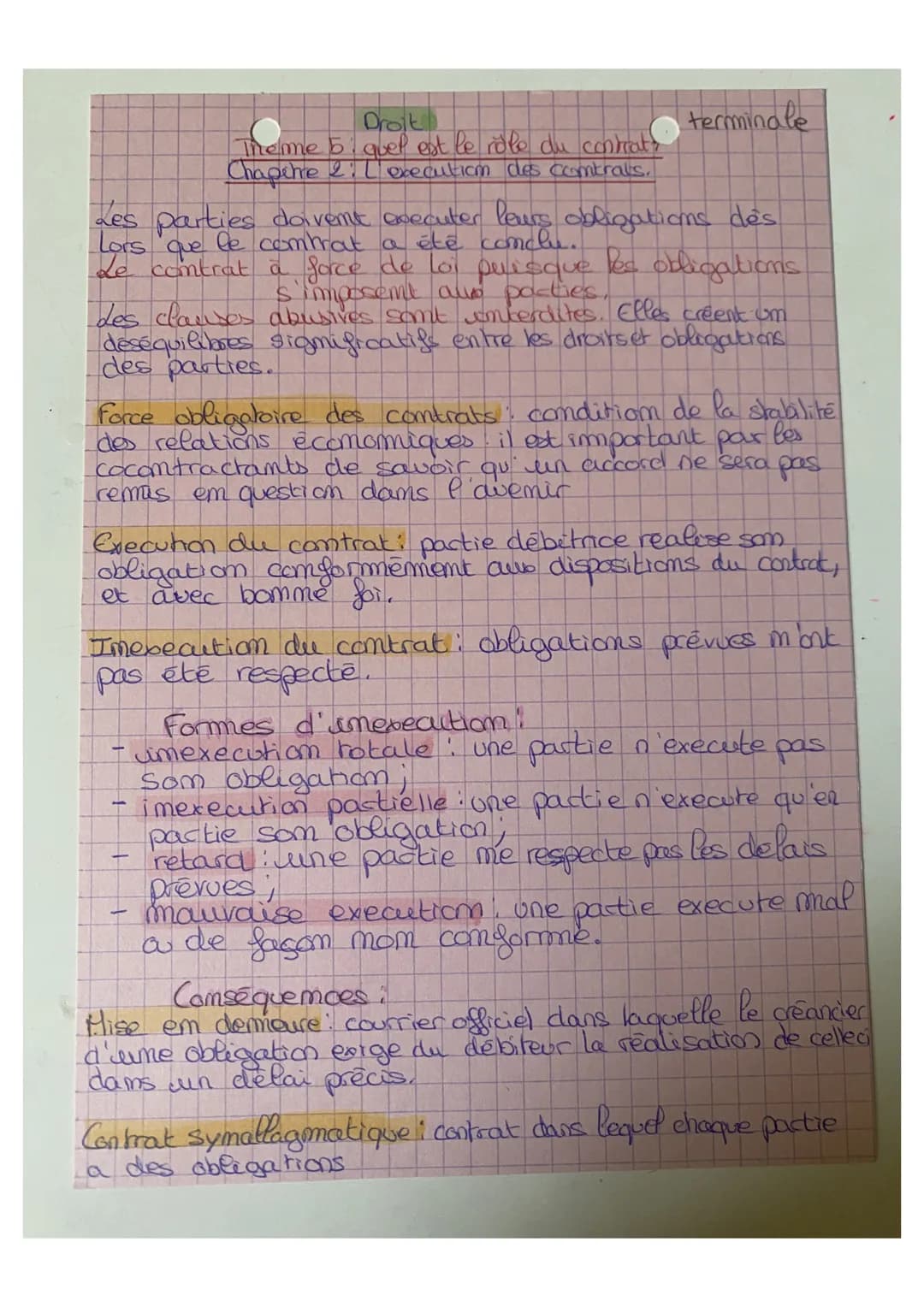 Droit
Theme 5 quel est le role du contrats
Chapitre 2
execution des contrals.
terminale
Les parties doivent executer leurs obligations des
L