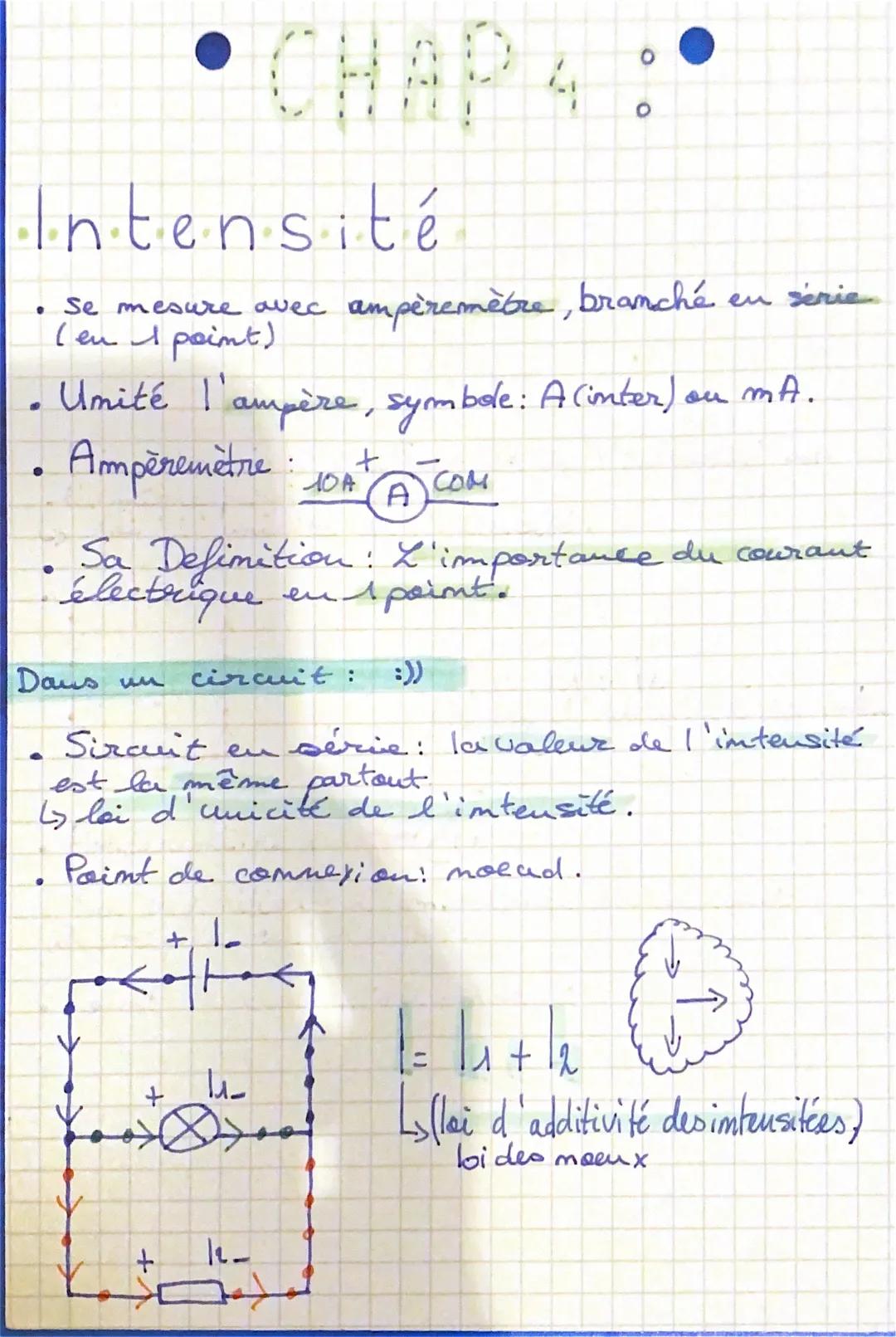 • CHAP 4:

Intensité

• Se mesure avec ampèremètre, branché en serie
(en I point)

• Umité l'ampère, symbole: A (inter) on mA.

• Ampèremètr