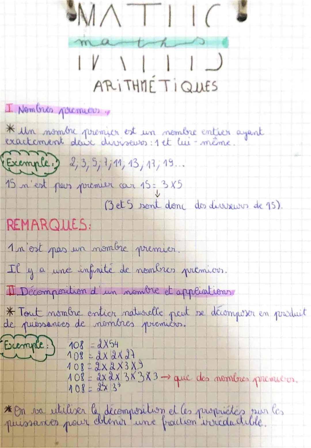 MATLIC
та
| / \ | | |J
ARITHMÉTIQUES
I Nombres
premiers
* un nombre premier est un nombre entier ayant
exactement deux diviseurs : 1 et lui-