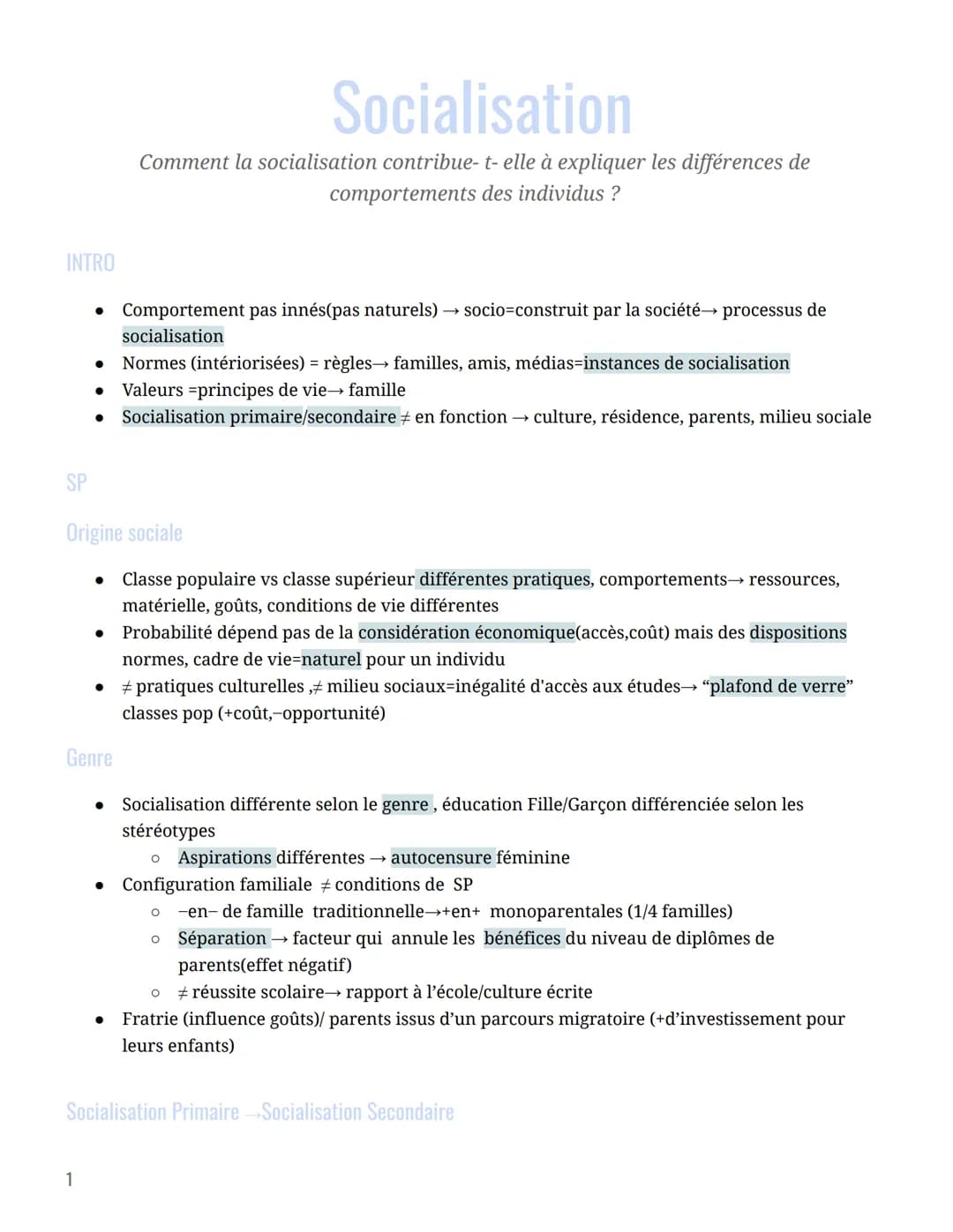 INTRO
SP
Socialisation
Comment la socialisation contribue-t-elle à expliquer les différences de
comportements des individus ?
Genre
Comporte
