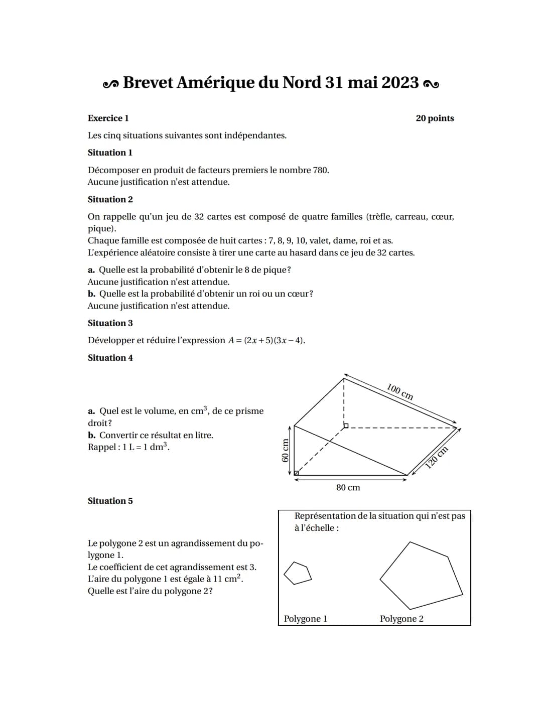 Brevet Amérique du Nord 31 mai 2023
Exercice 1
Les cinq situations suivantes sont indépendantes.
Situation 1
Décomposer en produit de facteu