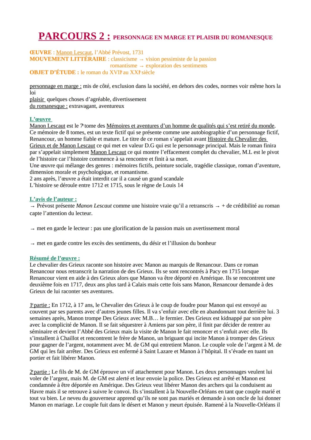 fiche de révision Manon Lescaut