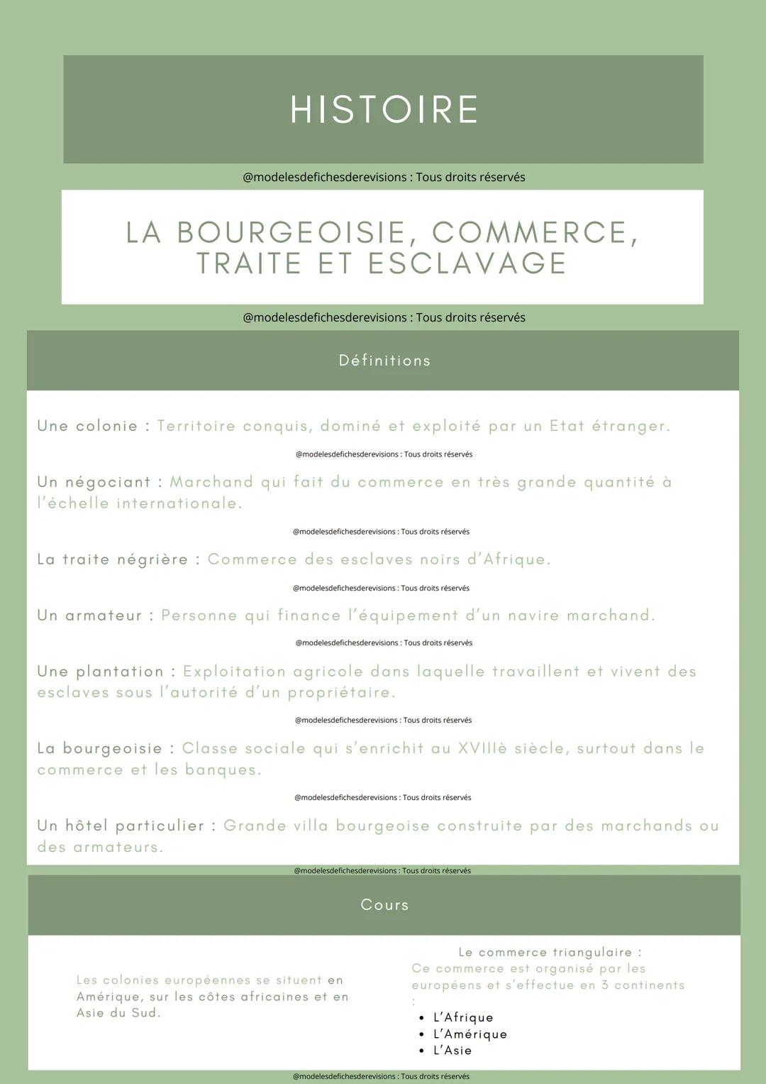 HISTOIRE
@modelesdefichesderevisions : Tous droits réservés
LA BOURGEOISIE, COMMERCE,
TRAITE ET ESCLAVAGE
@modelesdefichesderevisions : Tous