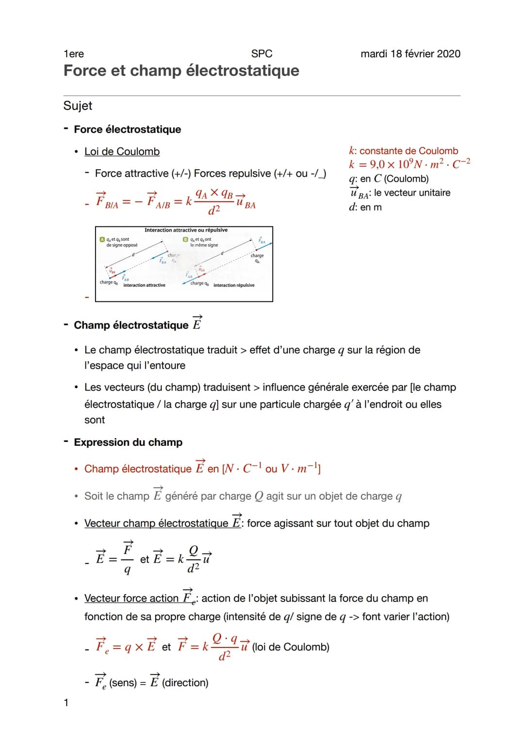 1ere
SPC
Force et champ électrostatique
Sujet
Force électrostatique
• Loi de Coulomb
Force attractive (+/-) Forces repulsive (+/+ ou -/_)
9A