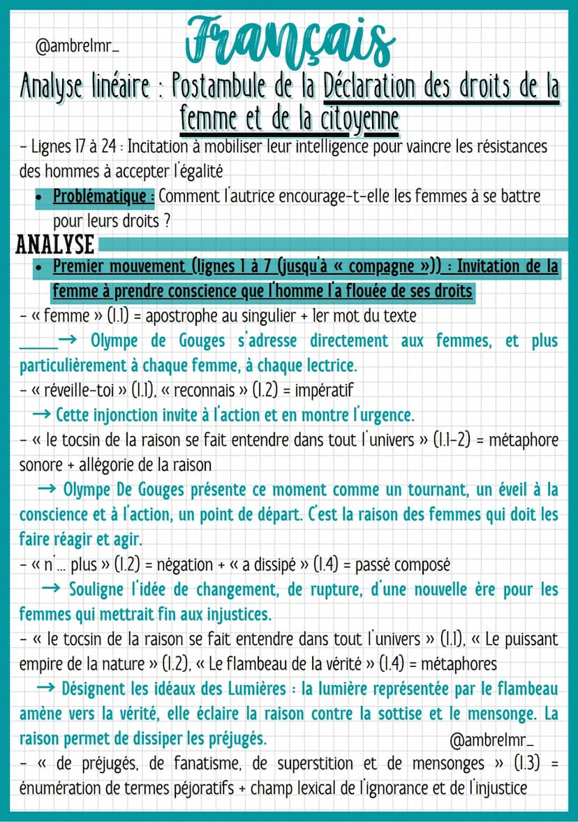 Français
@ambrelmr_
Analyse linéaire : Postambule de la Déclaration des droits de la
femme et de la citoyenne
- Lignes 17 à 24: Incitation à