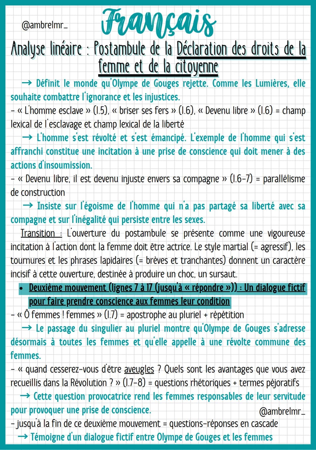 Français
@ambrelmr_
Analyse linéaire : Postambule de la Déclaration des droits de la
femme et de la citoyenne
- Lignes 17 à 24: Incitation à