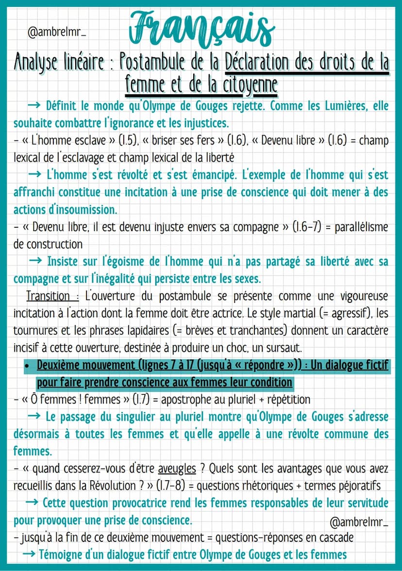 Français
@ambrelmr_
Analyse linéaire : Postambule de la Déclaration des droits de la
femme et de la citoyenne
- Lignes 17 à 24: Incitation à