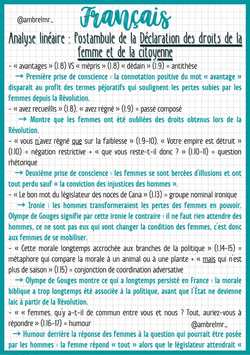 Français
@ambrelmr_
Analyse linéaire : Postambule de la Déclaration des droits de la
femme et de la citoyenne
- Lignes 17 à 24: Incitation à