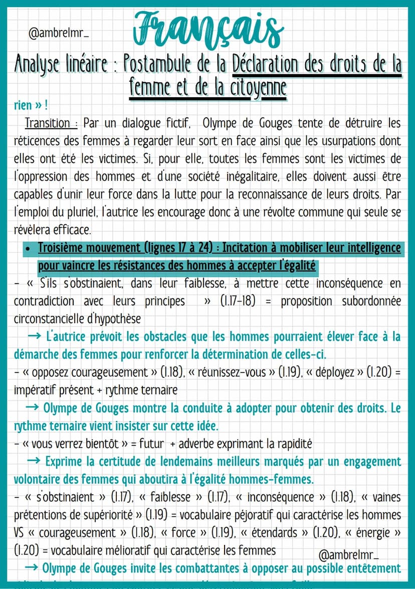 Français
@ambrelmr_
Analyse linéaire : Postambule de la Déclaration des droits de la
femme et de la citoyenne
- Lignes 17 à 24: Incitation à