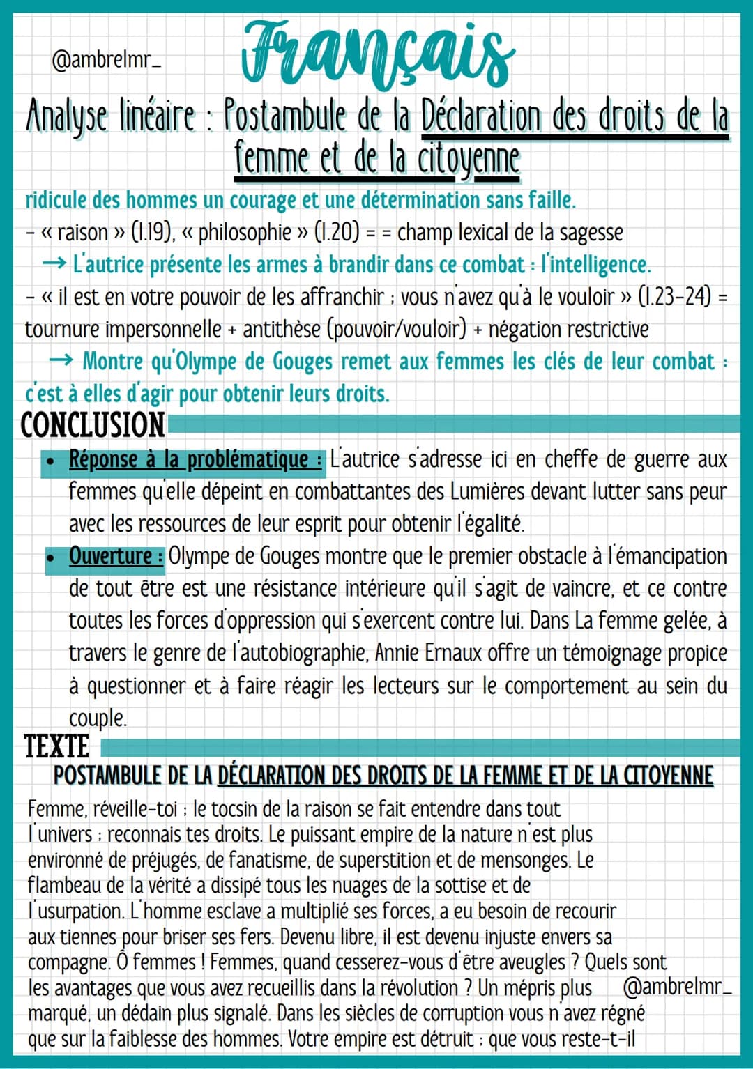 Français
@ambrelmr_
Analyse linéaire : Postambule de la Déclaration des droits de la
femme et de la citoyenne
- Lignes 17 à 24: Incitation à