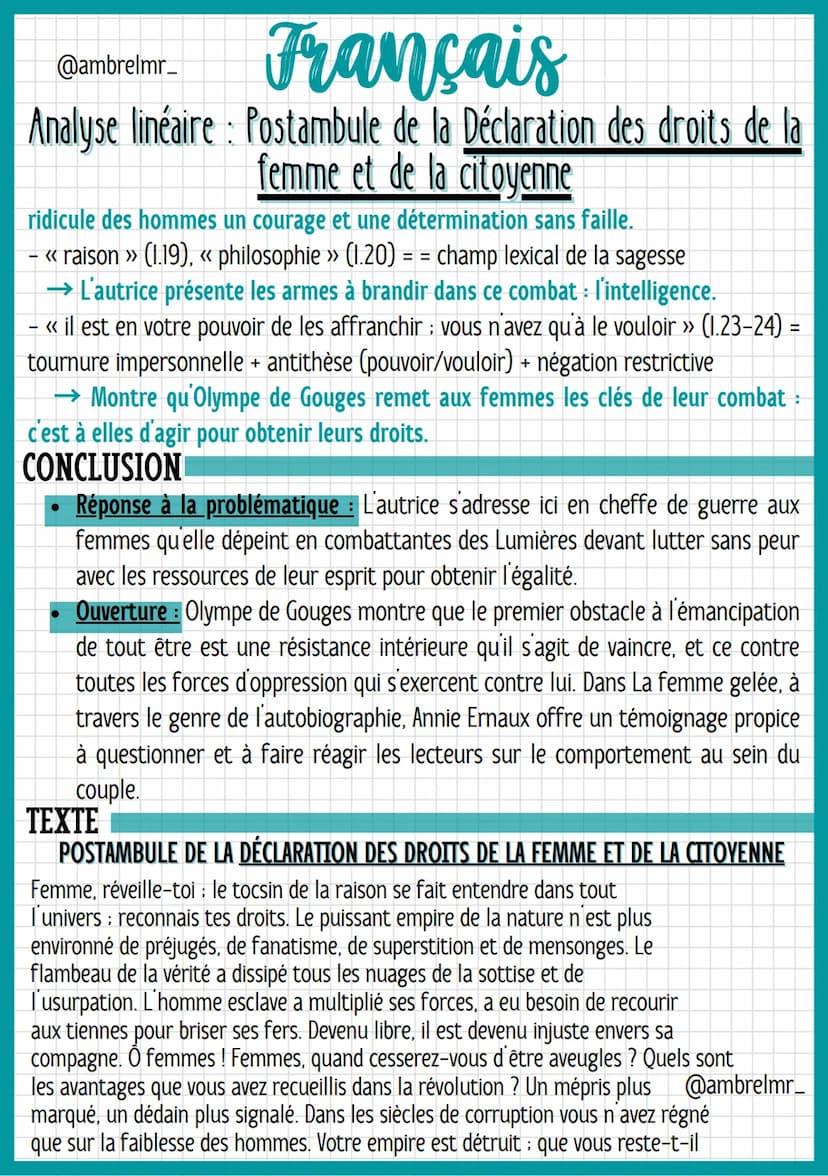 Français
@ambrelmr_
Analyse linéaire : Postambule de la Déclaration des droits de la
femme et de la citoyenne
- Lignes 17 à 24: Incitation à