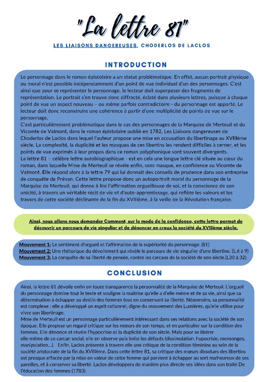 Analyse linéaire Les Liaisons dangereuses lettre 81 - Texte et Résumé