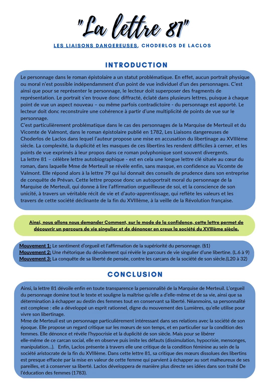 "La lettre 81"
LES LIAISONS DANGEREUSES, CHODERLOS DE LACLOS
INTRODUCTION
Le personnage dans le roman épistolaire a un statut problématique.