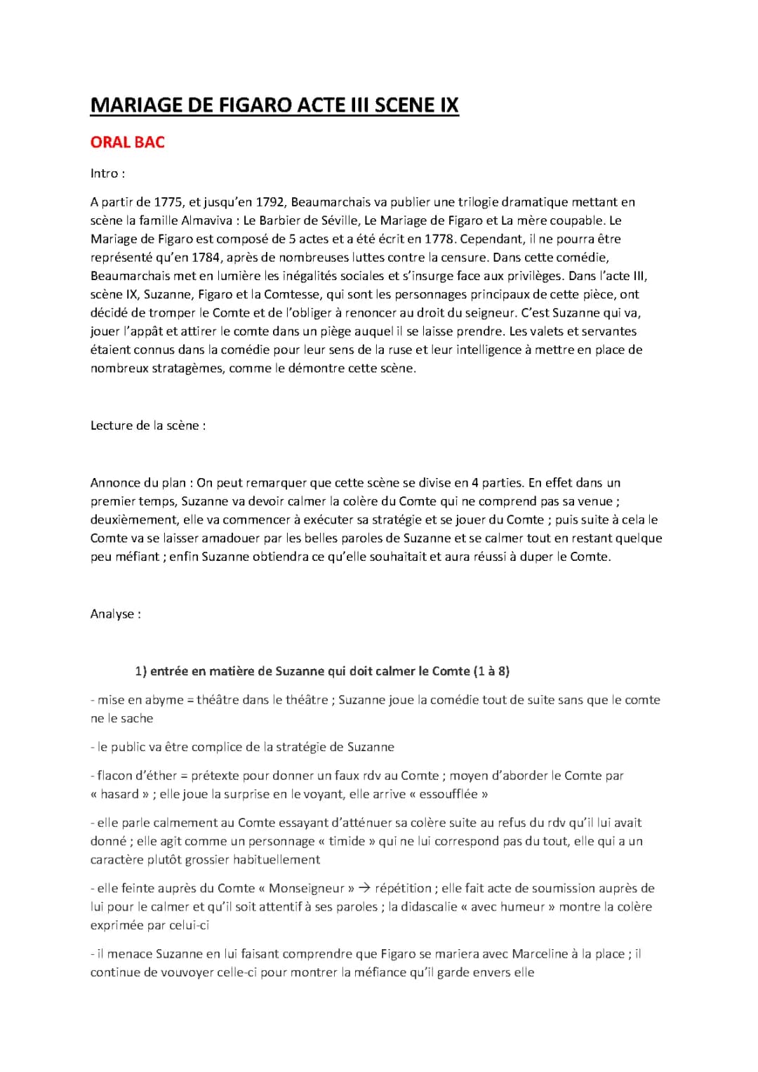 Analyse Linéaire Le Mariage de Figaro Acte 3 Scène 9 et Texte PDF