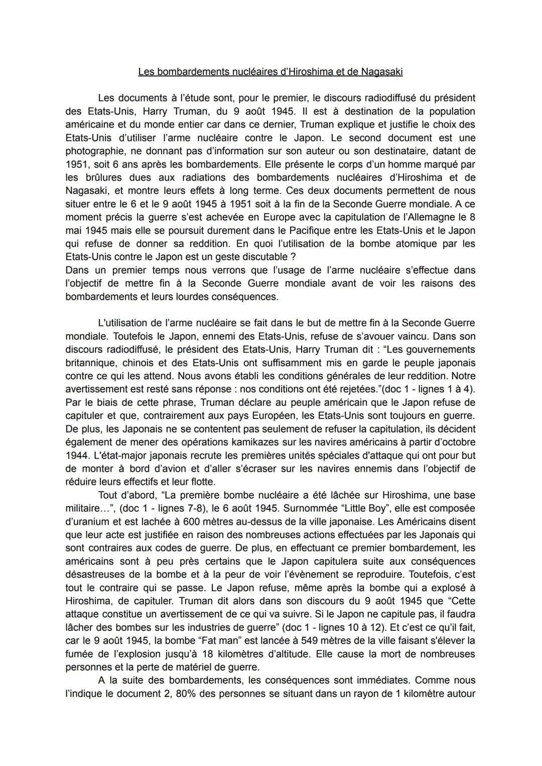 Les bombardements nucléaires d'Hiroshima et de Nagasaki
Les documents à l'étude sont, pour le premier, le discours radiodiffusé du président