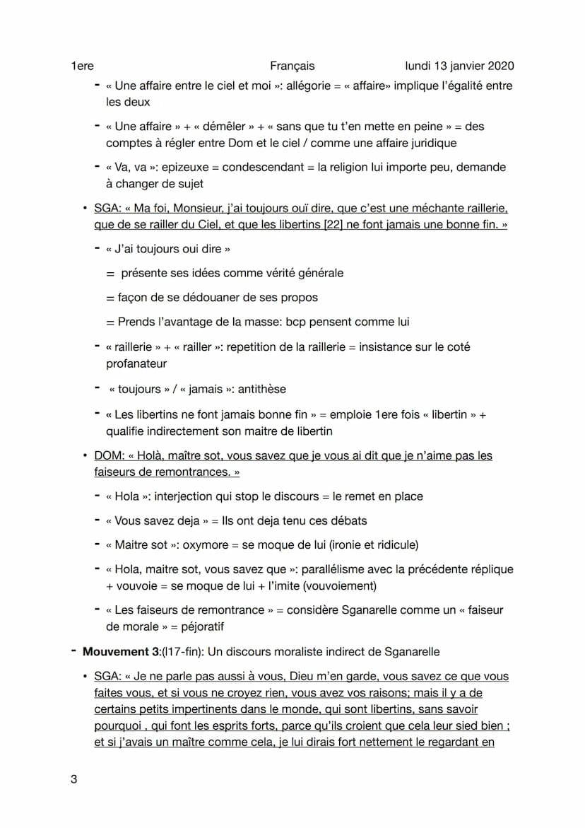 1ere
Français
Lecture analytique - Dom Juan
Sujet
1
Mouvement 1:(11-8): La confusion de Sganarelle
• DOM: << Qu'as-tu à dire là-dessus ? »
l
