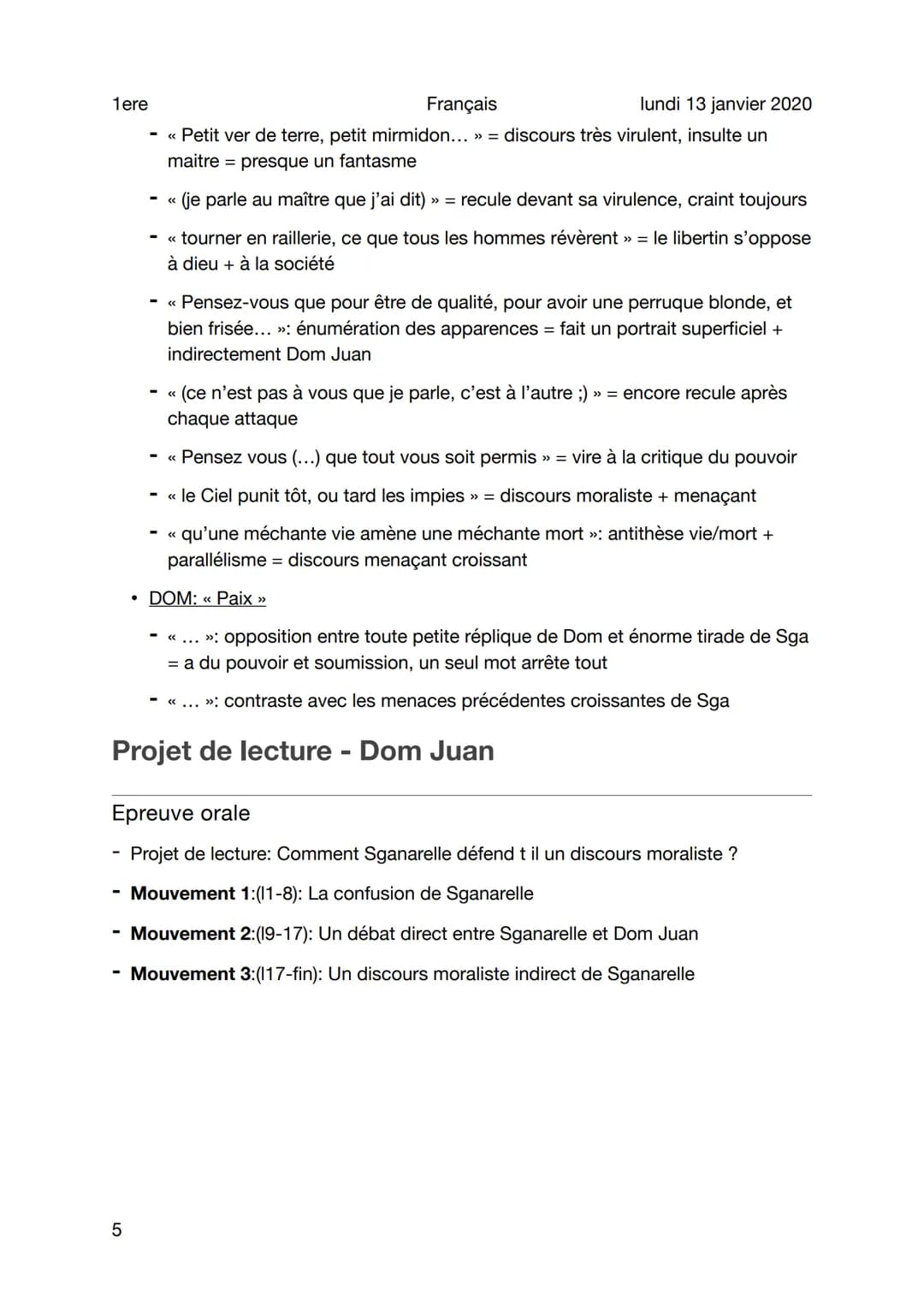 1ere
Français
Lecture analytique - Dom Juan
Sujet
1
Mouvement 1:(11-8): La confusion de Sganarelle
• DOM: << Qu'as-tu à dire là-dessus ? »
l