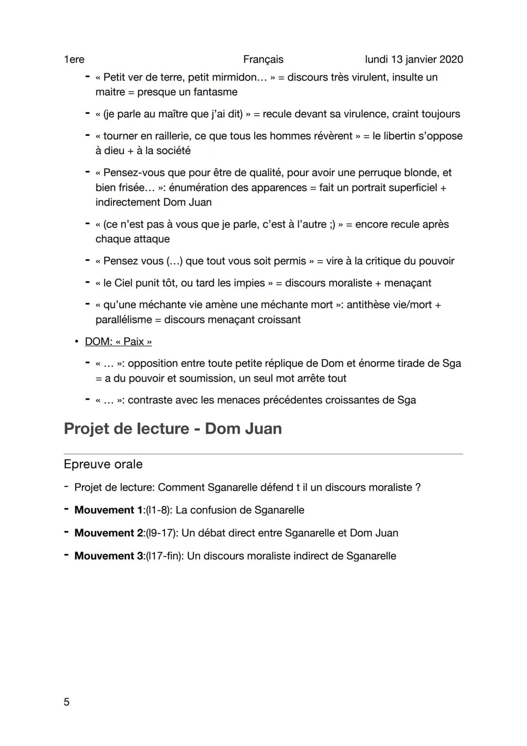 1ere
Français
Lecture analytique - Dom Juan
Sujet
1
Mouvement 1:(11-8): La confusion de Sganarelle
• DOM: << Qu'as-tu à dire là-dessus ? »
l