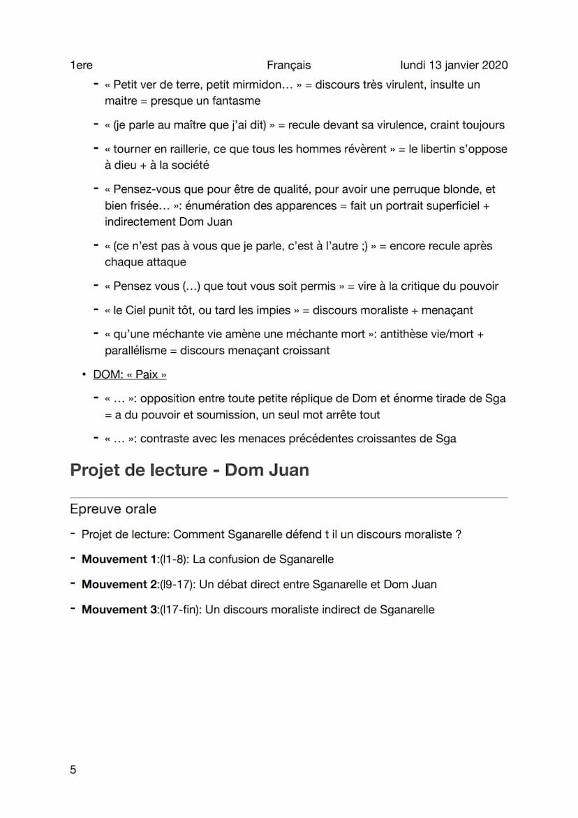 1ere
Français
Lecture analytique - Dom Juan
Sujet
1
Mouvement 1:(11-8): La confusion de Sganarelle
• DOM: << Qu'as-tu à dire là-dessus ? »
l