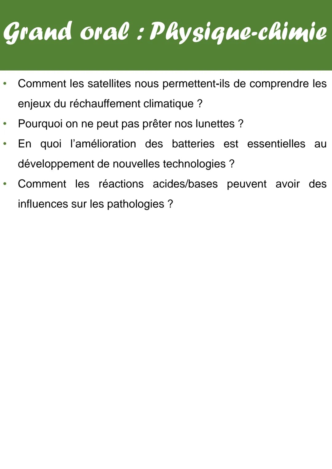 Grand oral : Physique-chimie
Quelques idées de sujet pour le grand oral pour la physique-
chimie :
Comment la radioactivité permet-elle de d
