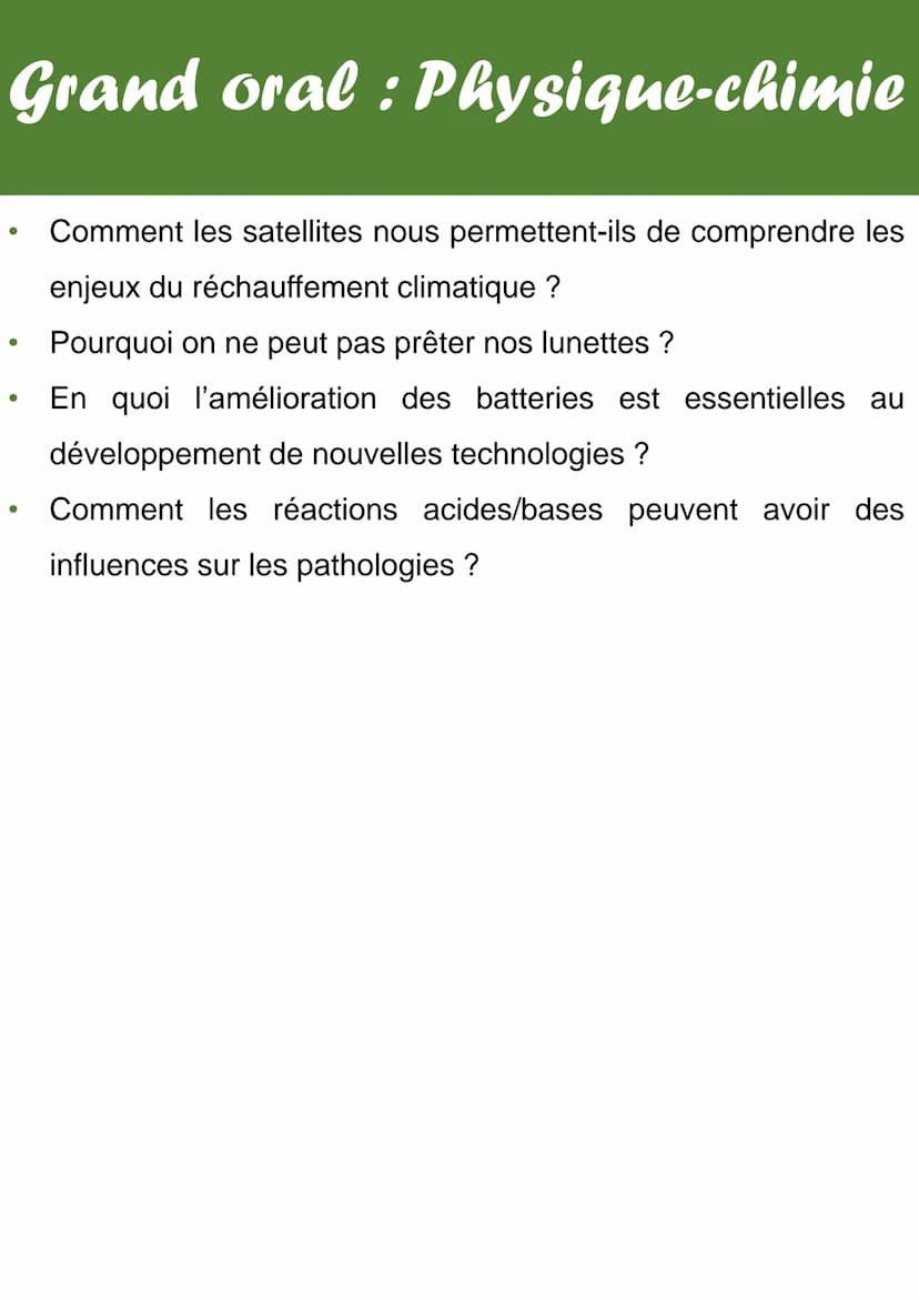 Grand oral : Physique-chimie
Quelques idées de sujet pour le grand oral pour la physique-
chimie :
Comment la radioactivité permet-elle de d