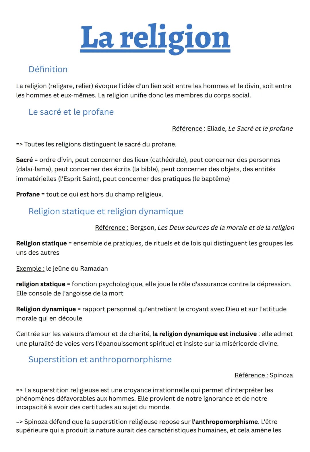 La religion
La religion (religare, relier) évoque l'idée d'un lien soit entre les hommes et le divin, soit entre
les hommes et eux-mêmes. La