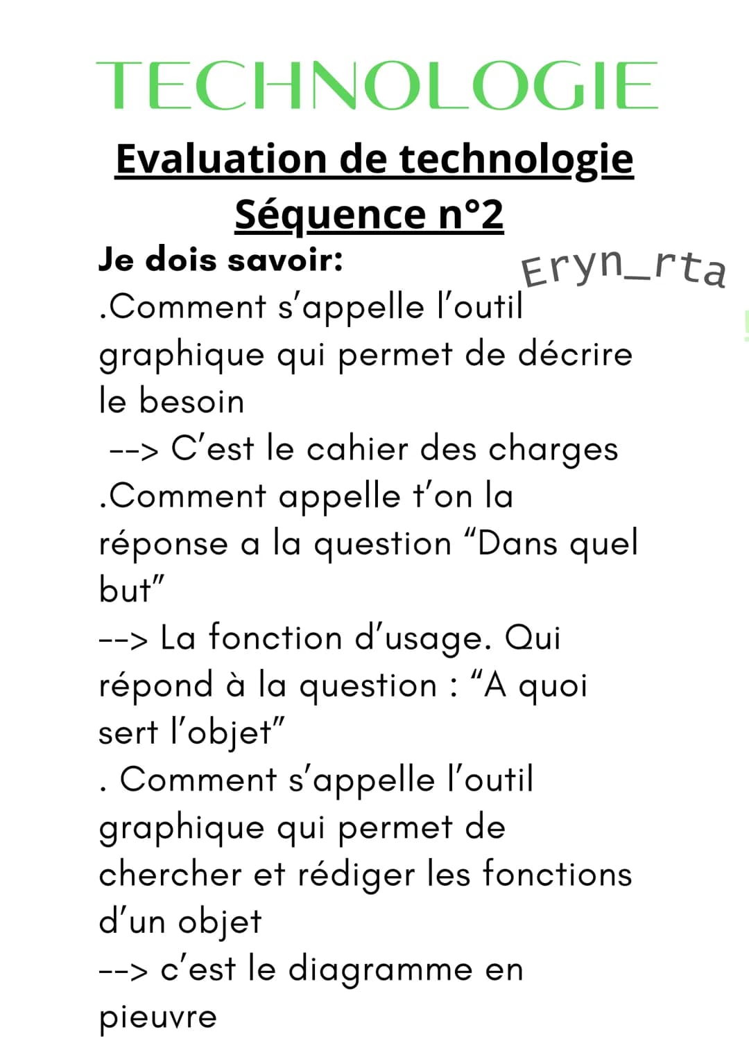 TECHNOLOGIE
Evaluation de technologie
Séquence n°2
Je dois savoir:
.Comment s'appelle l'outil
graphique qui permet de décrire
le besoin
Eryn