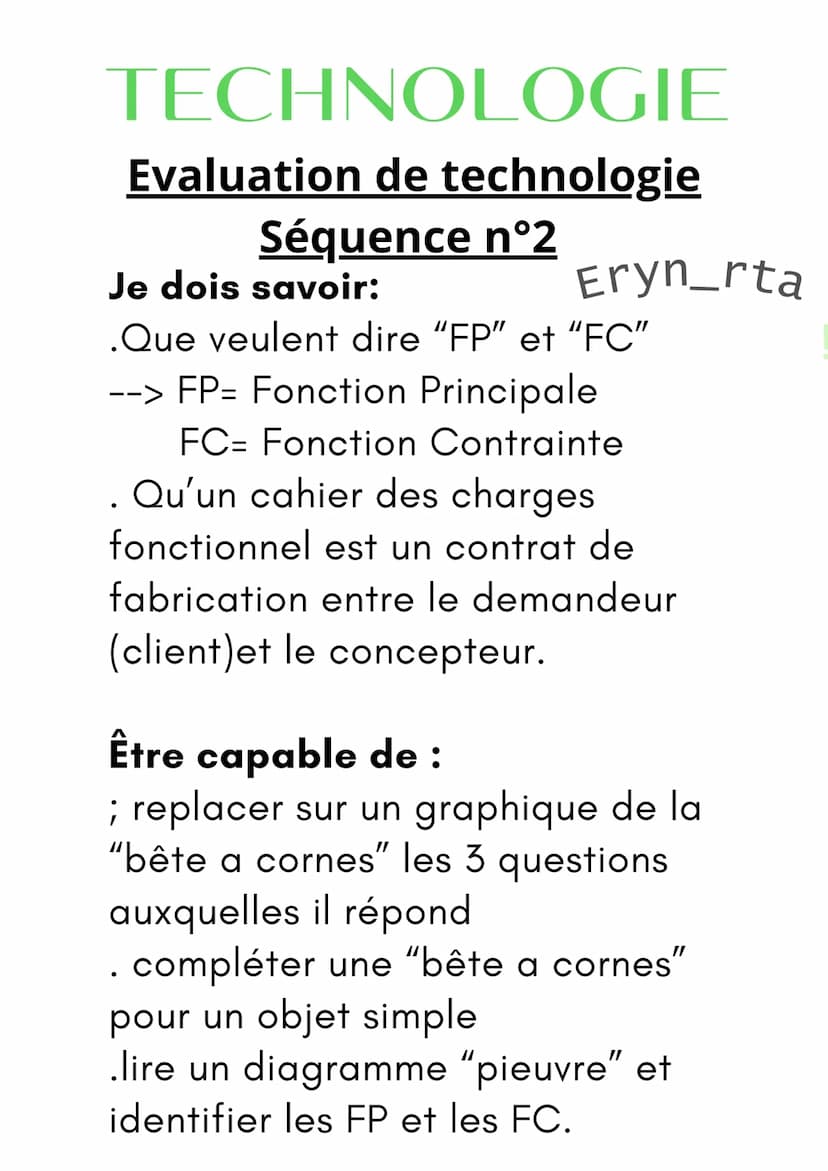 TECHNOLOGIE
Evaluation de technologie
Séquence n°2
Je dois savoir:
.Comment s'appelle l'outil
graphique qui permet de décrire
le besoin
Eryn