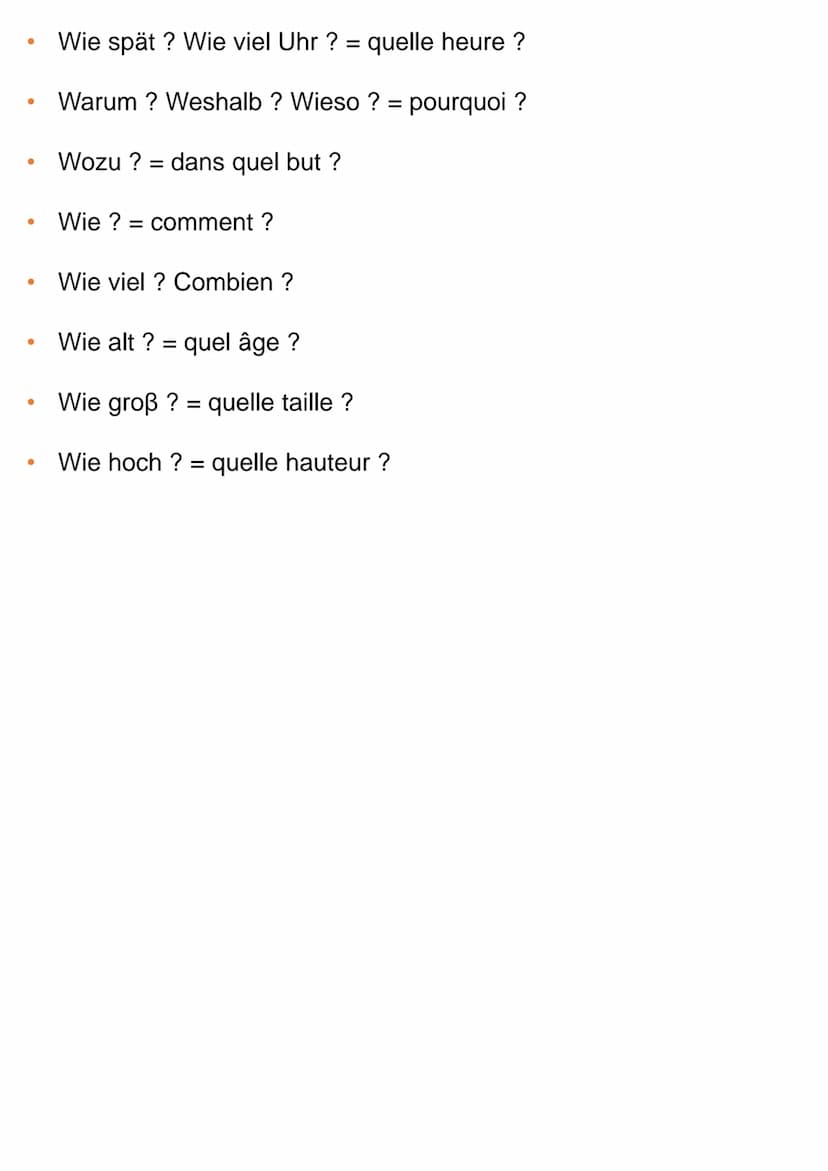 ●
●
●
●
●
●
●
●
●
●
●
●
●
●
●
Die MWEPRAGEN
Wer ? = qui ? (sujet)
Wen? = qui ? (cod)
Wem ? = à qui ?
Mit wem ? = avec qui ?
Zu wem ? = chez 