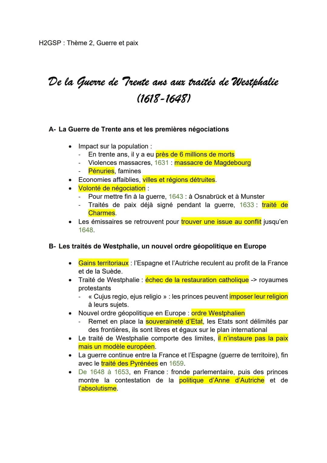 H2GSP Thème 2, Guerre et paix
De la Guerre de Trente ans aux traités de Westphalie
(1618-1648)
A- La Guerre de Trente ans et les premières n