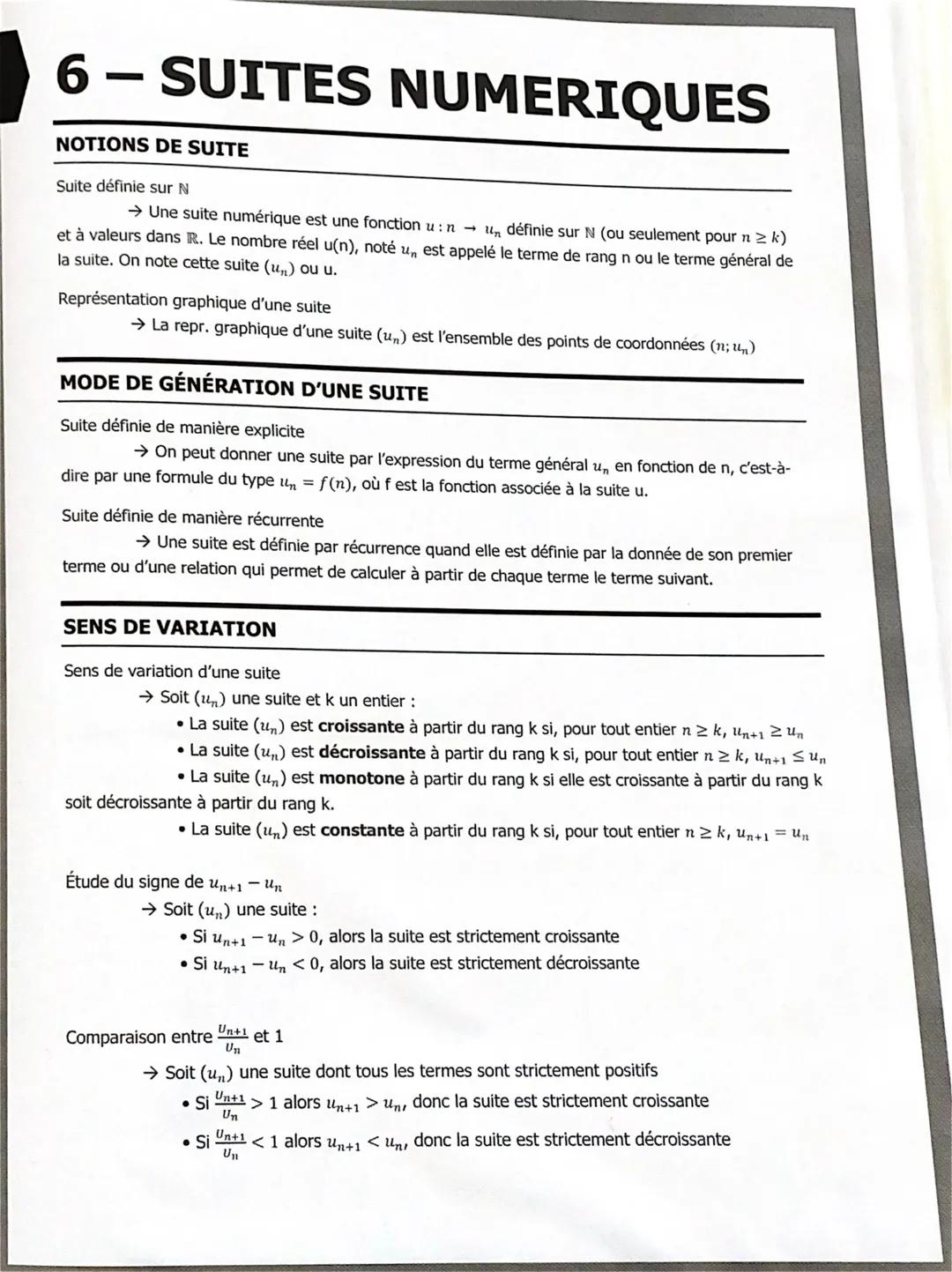 6-SUITES NUMERIQUES
NOTIONS DE SUITE
Suite définie sur N
→ Une suite numérique est une fonction u: nu, définie sur N (ou seulement pour n ≥k