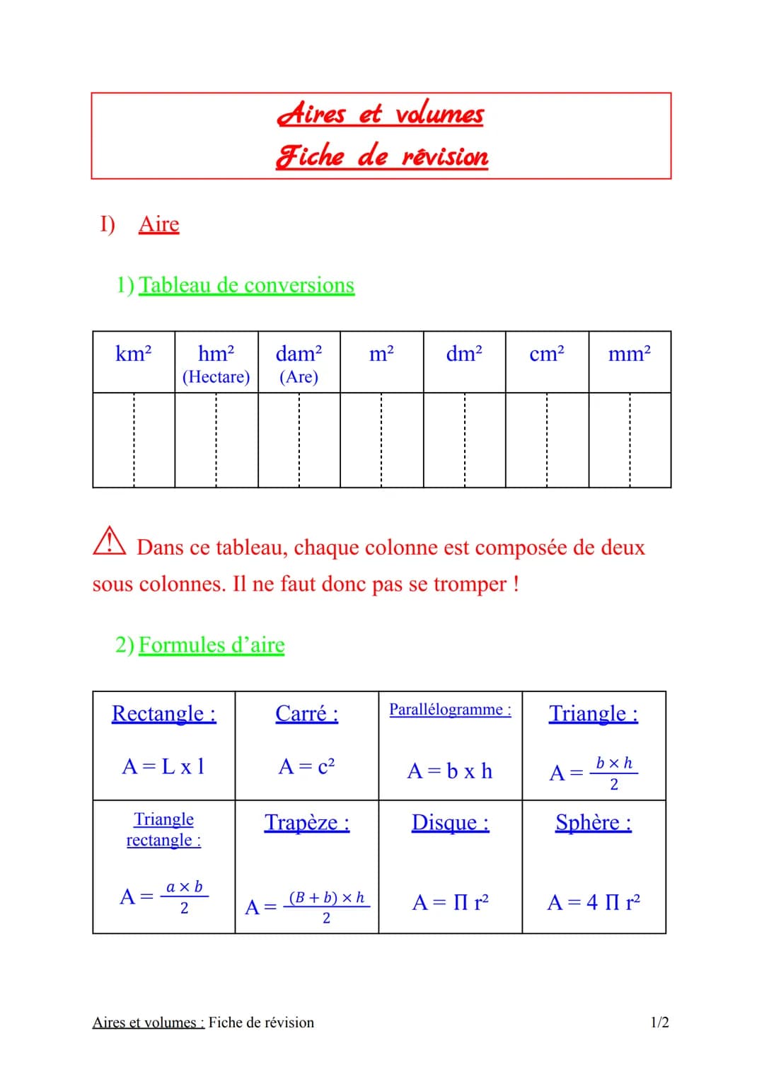 I) Aire
1) Tableau de conversions
km² hm² dam²
(Hectare) (Are)
2) Formules d'aire
Rectangle :
A Dans ce tableau, chaque colonne est composée
