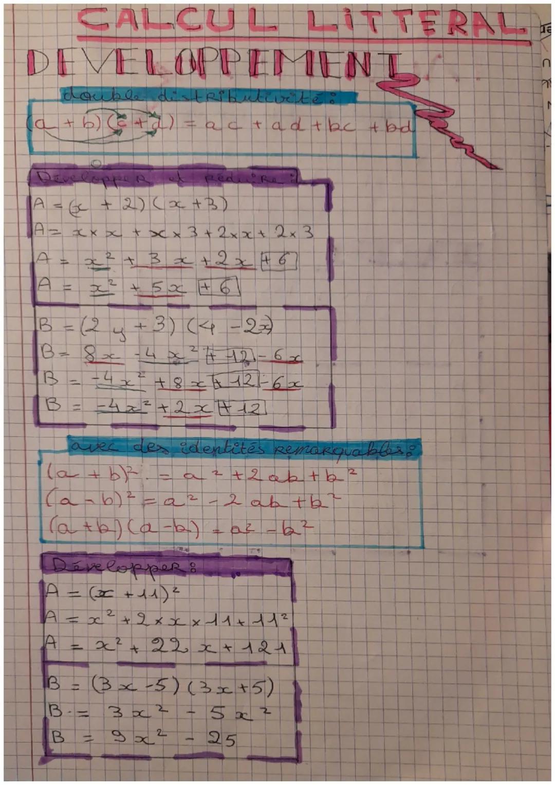 DEVELOPPEMENT
double distributivité :
a + b) (c+d) = ac +ad+bc + bd
DEVE COPPER et
·( + 2) (x+3)
x x x x x x 3 +2× x + 2x 3.
3x + 2x to
D D
