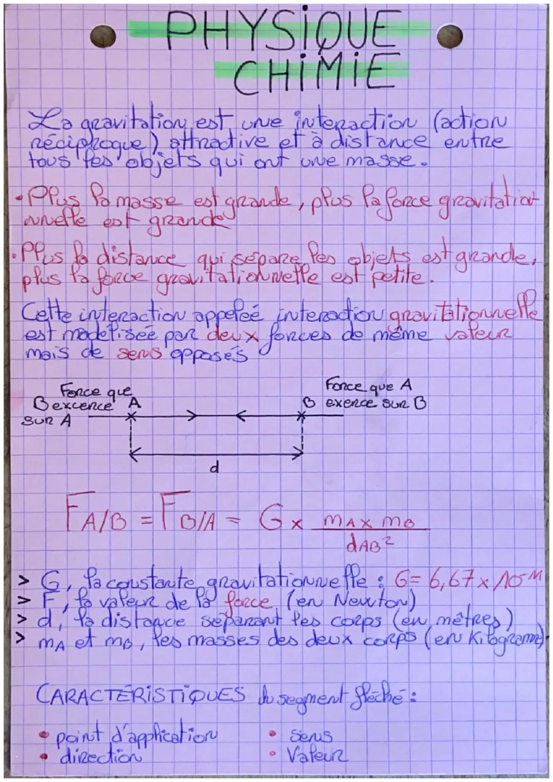 • PHYSIQUE
CHIMIE
D
La gravitation est une interaction (action
réciproque) attractive et à distance entre
tous les objets qui ont une masse.