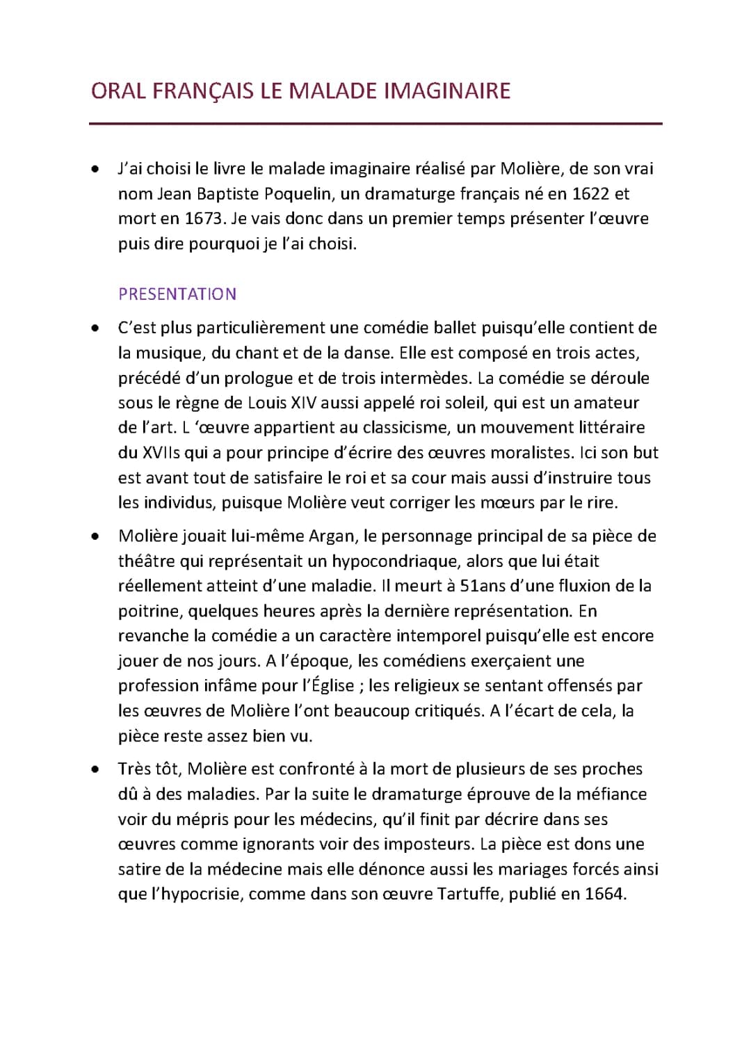 Questions possibles oral bac français Le Malade Imaginaire - Présentation et Analyse