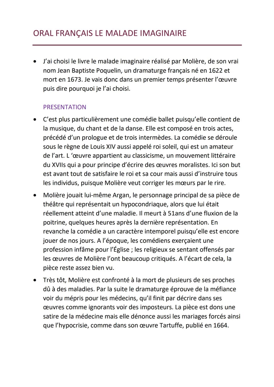 ORAL FRANÇAIS LE MALADE IMAGINAIRE
J'ai choisi le livre le malade imaginaire réalisé par Molière, de son vrai
nom Jean Baptiste Poquelin, un