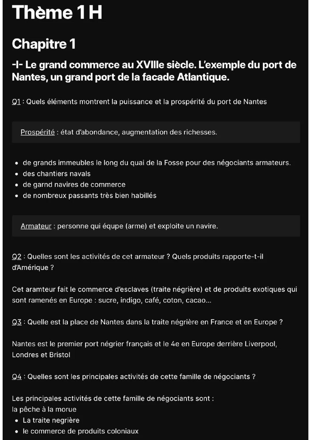 Thème 1 H
Chapitre 1
-1- Le grand commerce au XVIIIe siècle. L'exemple du port de
Nantes, un grand port de la facade Atlantique.
Q1 : Quels 