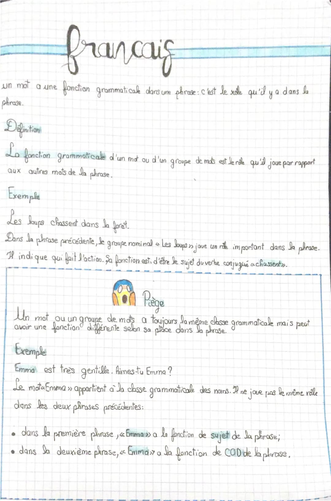 francais
un mot a une
fonction grammaticale dans um phrose: c'est le scolle qu'il y a dans la
phrase.
Definitioni
Lel
• fonction grammatical
