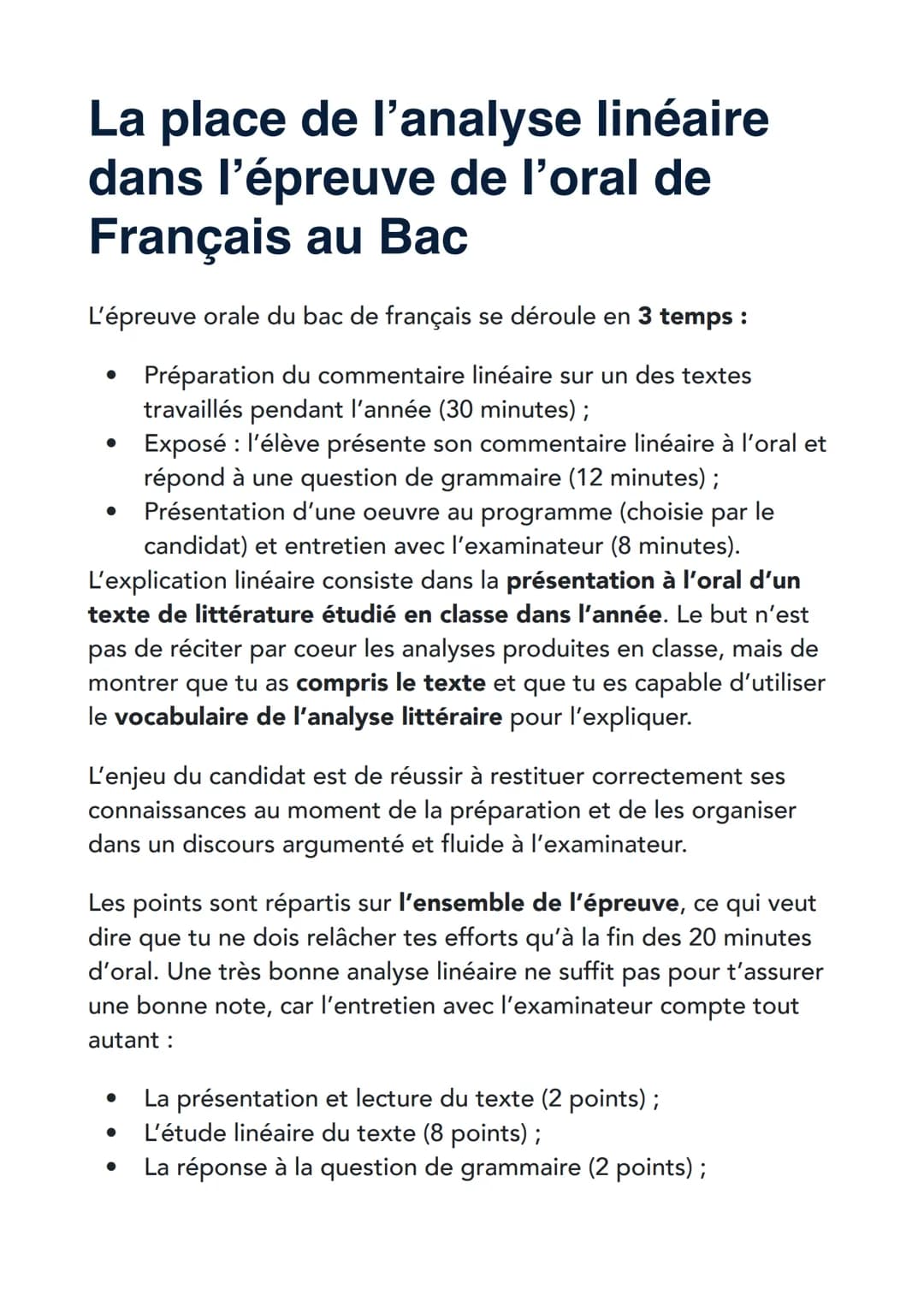 La place de l'analyse linéaire
dans l'épreuve de l'oral de
Français au Bac
L'épreuve orale du bac de français se déroule en 3 temps :
.
•
•

