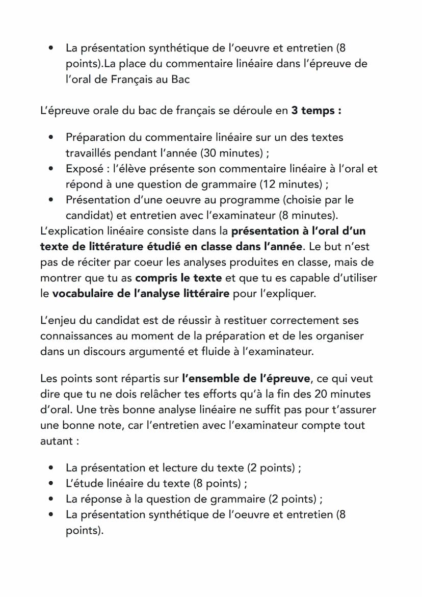 La place de l'analyse linéaire
dans l'épreuve de l'oral de
Français au Bac
L'épreuve orale du bac de français se déroule en 3 temps :
.
•
•
