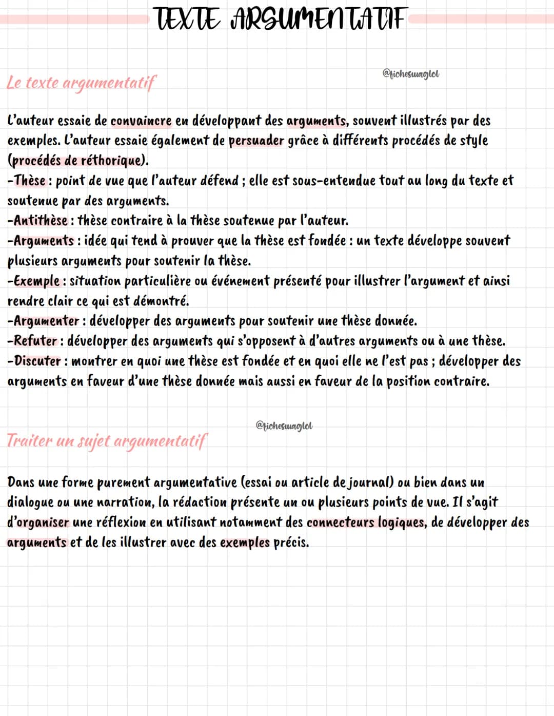 TEXTE ARGUMENTATIF
@ficheswaglol
Le texte argumentatif
L'auteur essaie de convaincre en développant des arguments, souvent illustrés par des