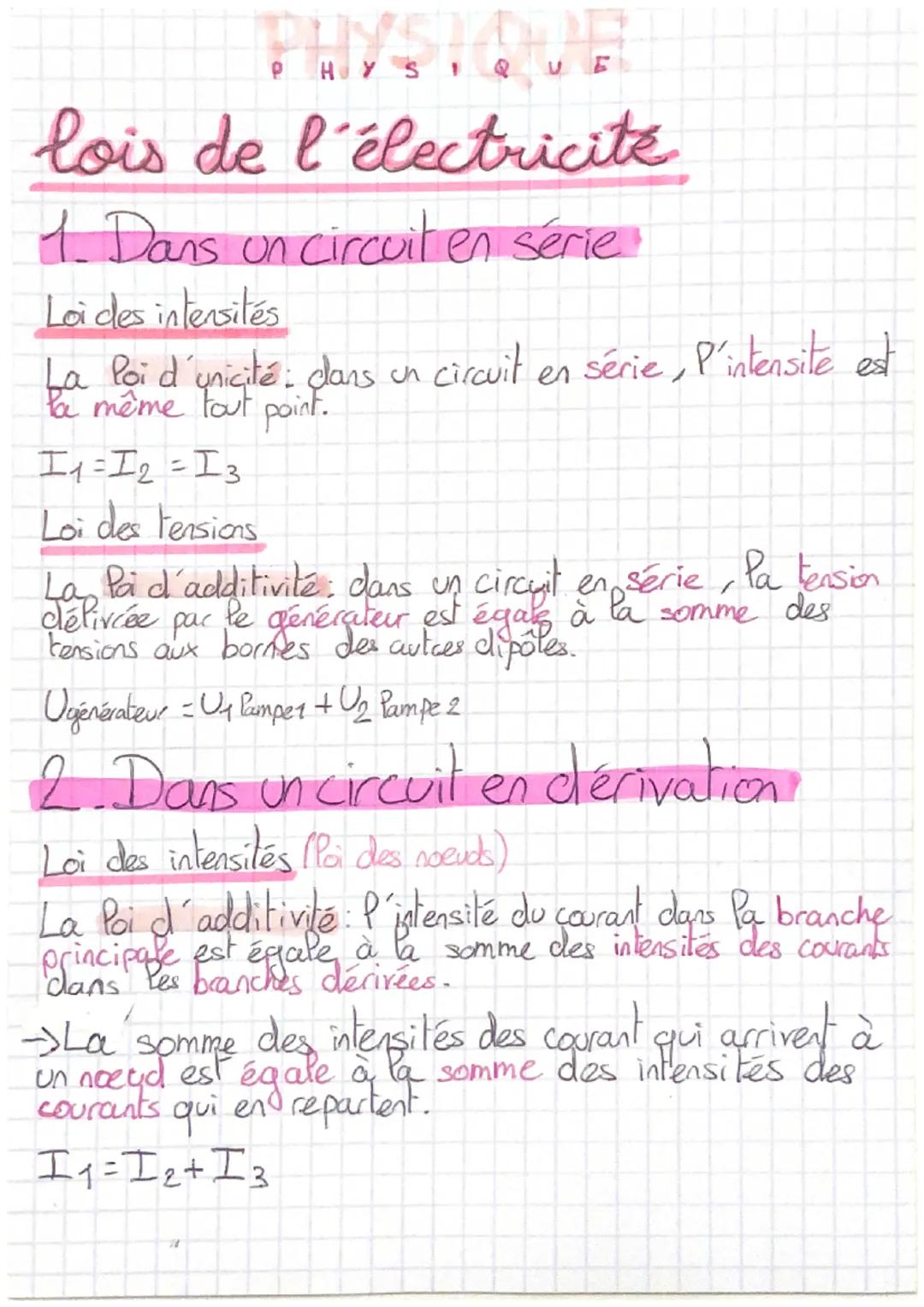 # PHYSIQUE

# lois de l'électricité

## 1. Dans un circuit en série

Loi des intensités

La loi d'unicité: clans un circuit en série, P'inte