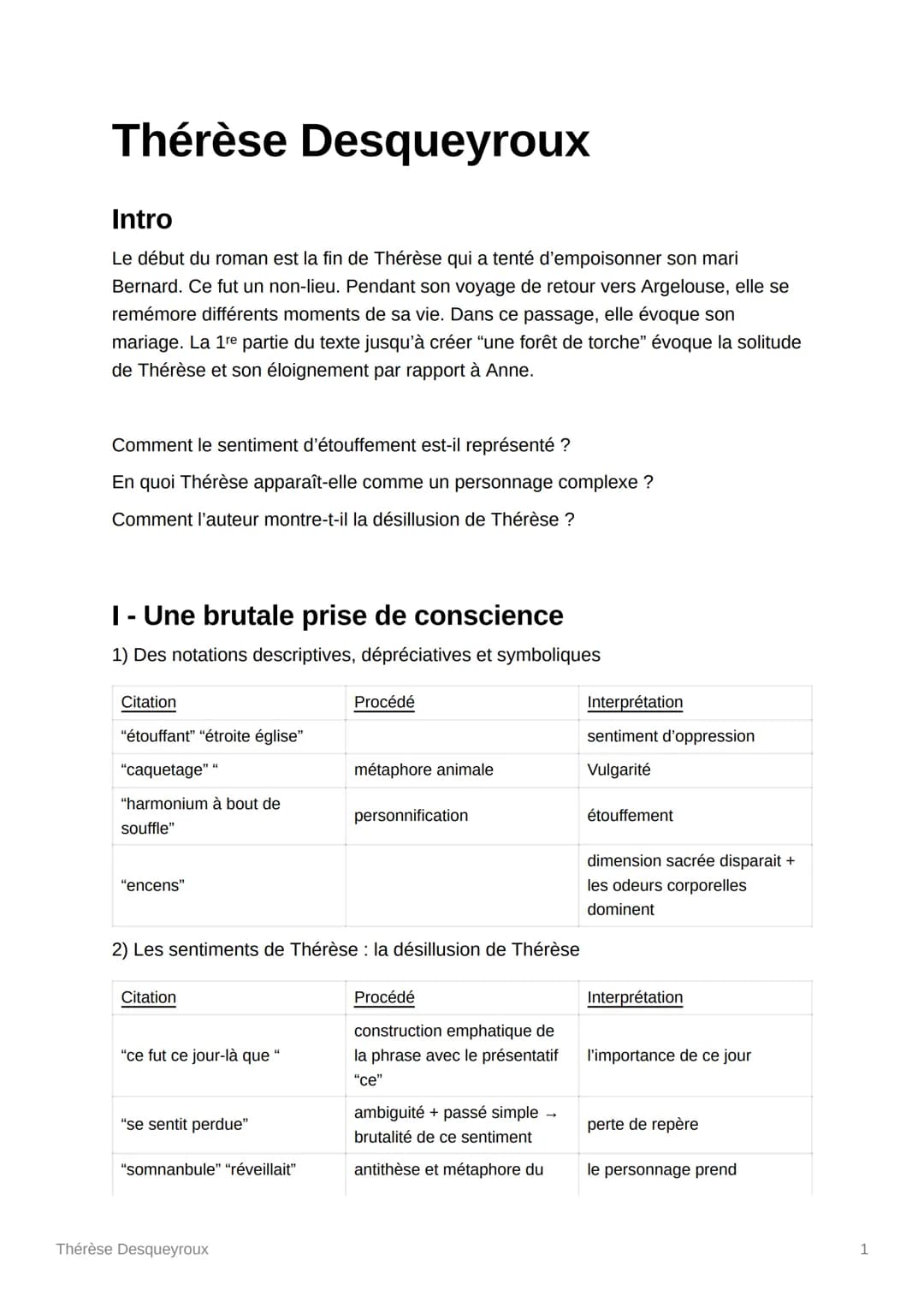 Thérèse Desqueyroux
Intro
Le début du roman est la fin de Thérèse qui a tenté d'empoisonner son mari
Bernard. Ce fut un non-lieu. Pendant so
