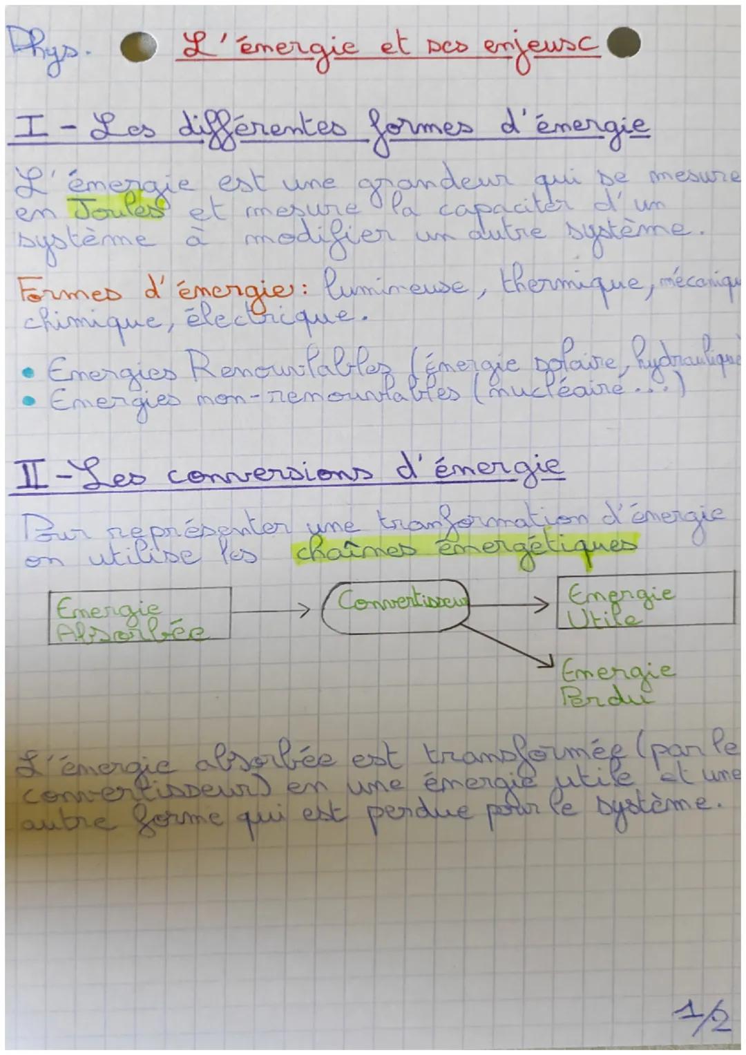 Phys.
L'énergie et ses enjeusc

I - Les différentes formes d'énergie

L'emergie est une une grandeur qui de mesure
en Joules et mesure la ca