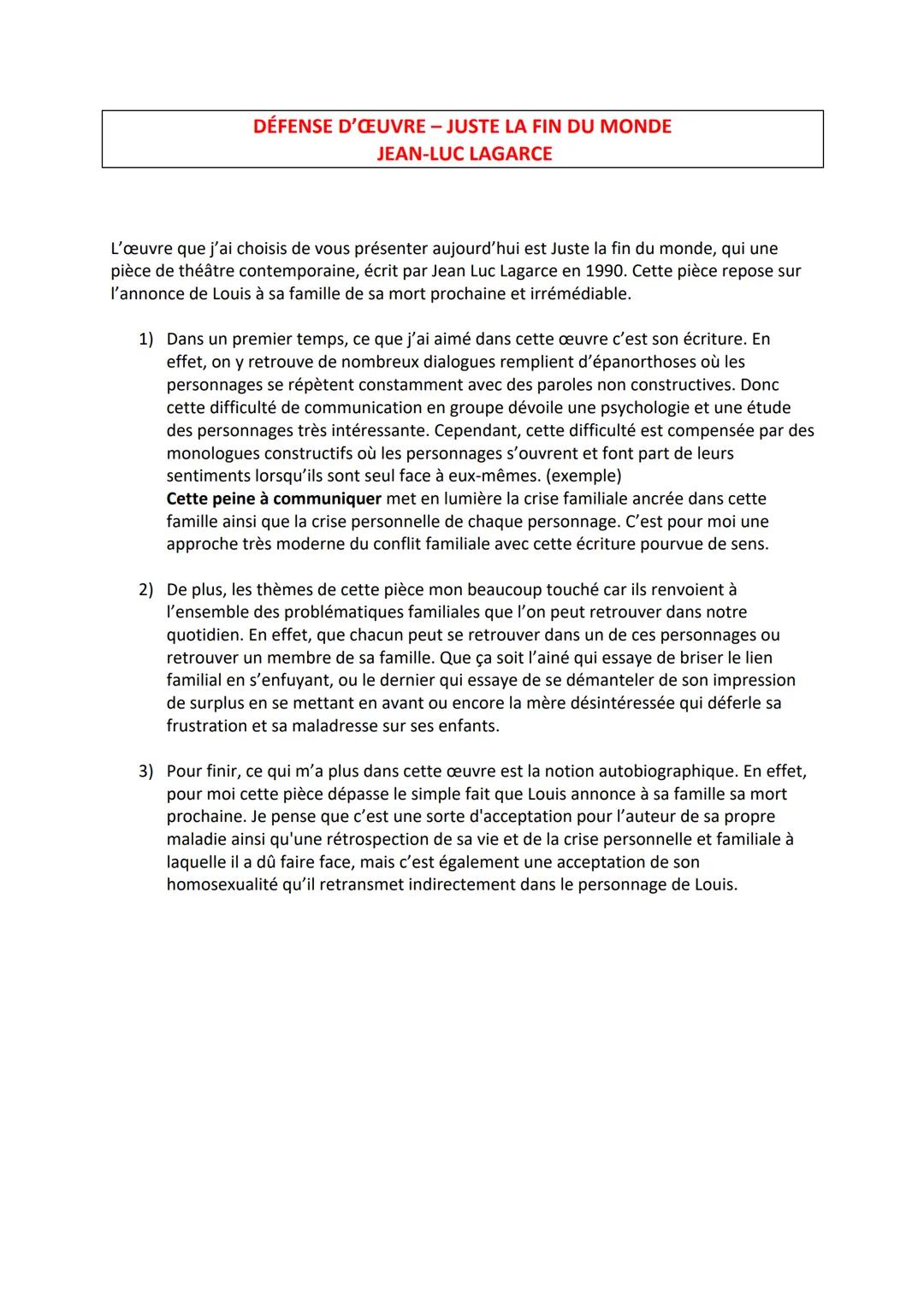 # DÉFENSE D'ŒUVRE - JUSTE LA FIN DU MONDE
JEAN-LUC LAGARCE

L'œuvre que j'ai choisis de vous présenter aujourd'hui est Juste la fin du monde