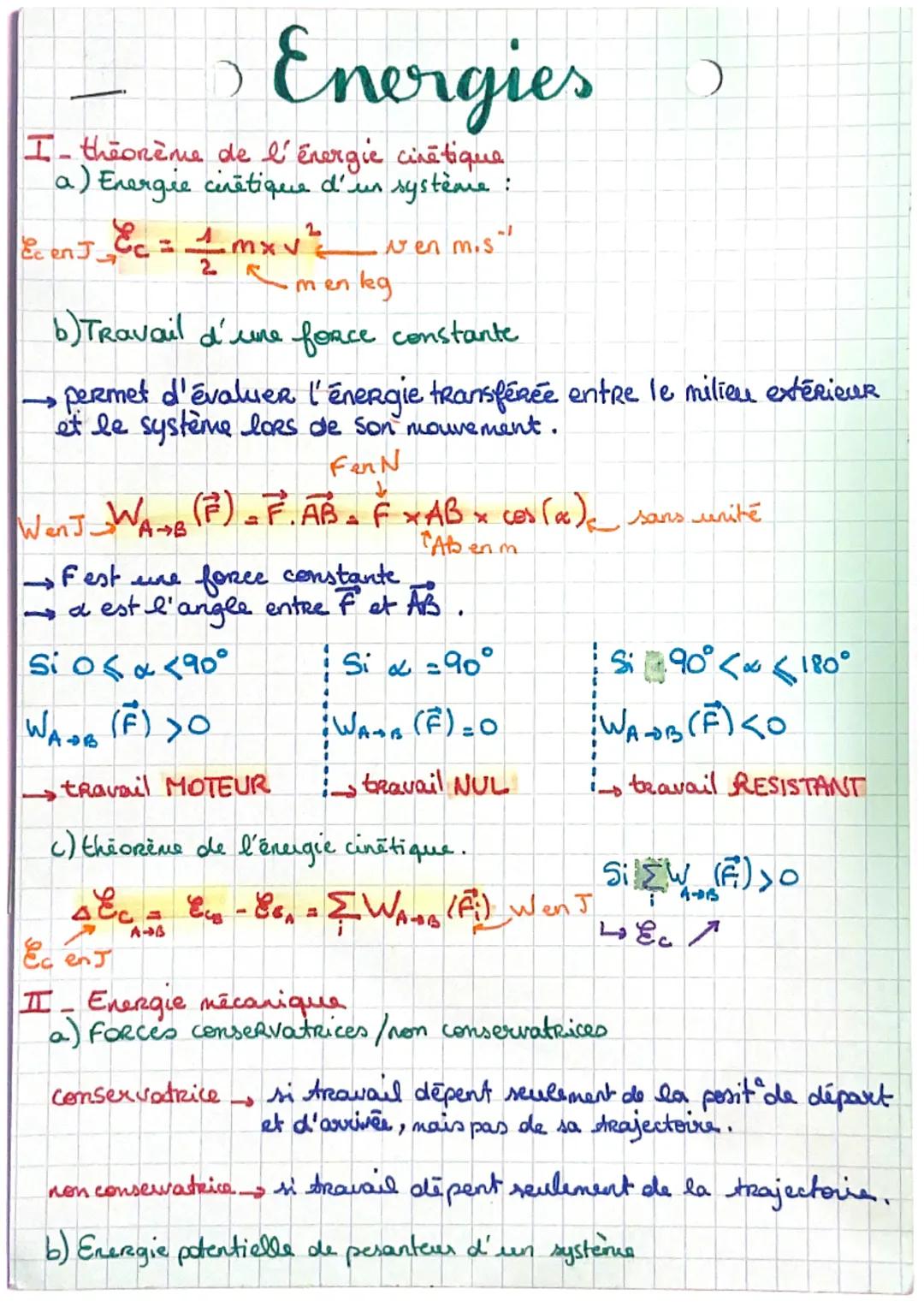 # Energies

I-theorème de l'énergie cinètique
a) Energie cinētique d'un système :

Ec en J $E_c = \frac{1}{2} m x v^2$ ven m.s"

menleg

b) 